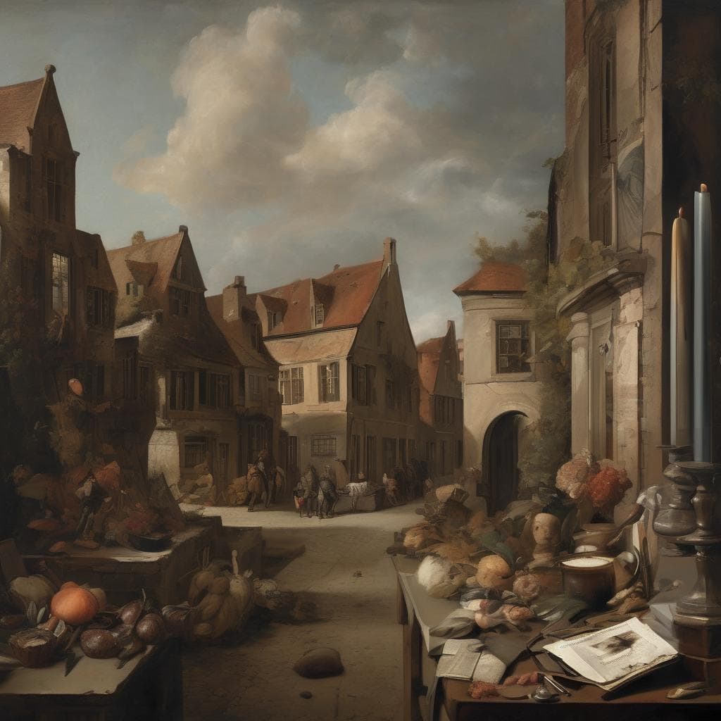 Παραδοσιακός οικισμός με παλιά σπίτια και αγρότες στην πλατεία, αποτυπώνοντας την τέχνη που διαμόρφωσε το σήμερα.