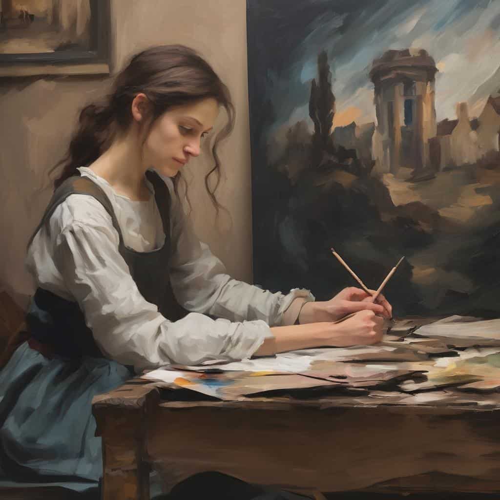 Ζ young woman painting a landscape on canvas in an art studio, emphasizing art and creativity.