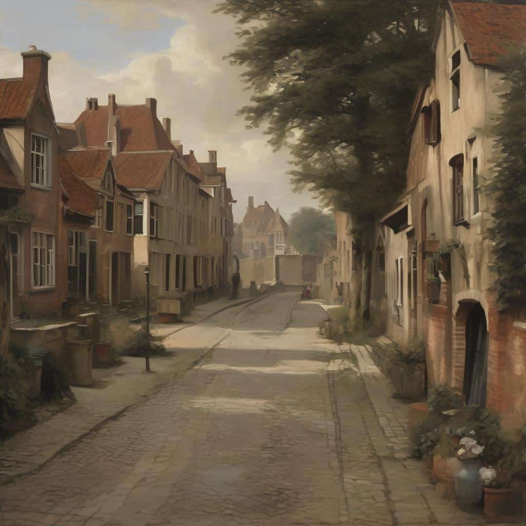 Παλιό ήρεμο σοκάκι με παραδοσιακά σπίτια και καταπράσινα δέντρα, εικόνα από την τέχνη που διαμόρφωσε το σήμερα.