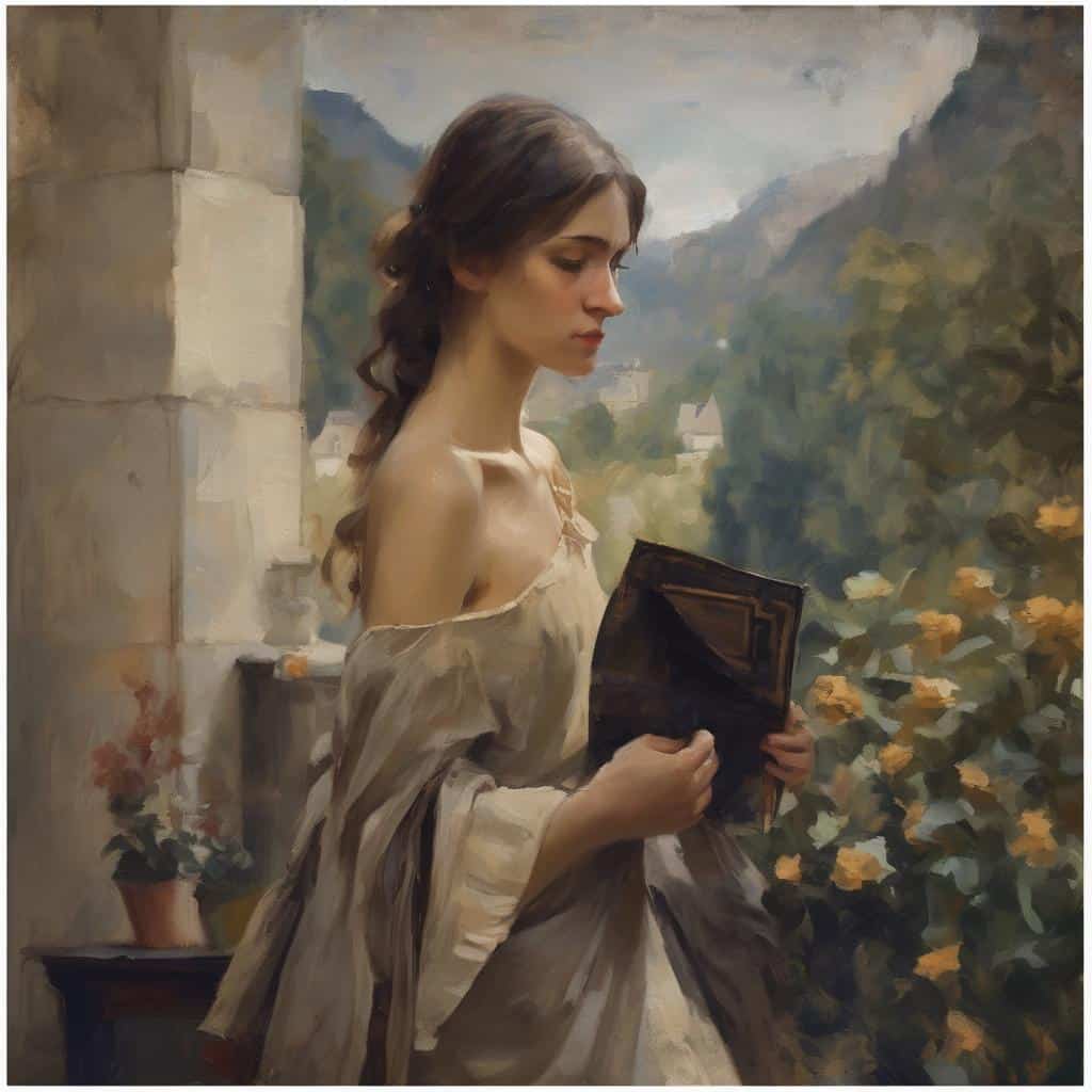 Πα lady κρατάει βιβλίο και κάθεται σε μπαλκόνι με λουλούδια, φόντο βουνά και ονειρικό τοπίο, τέχνη και καλλιέργεια.